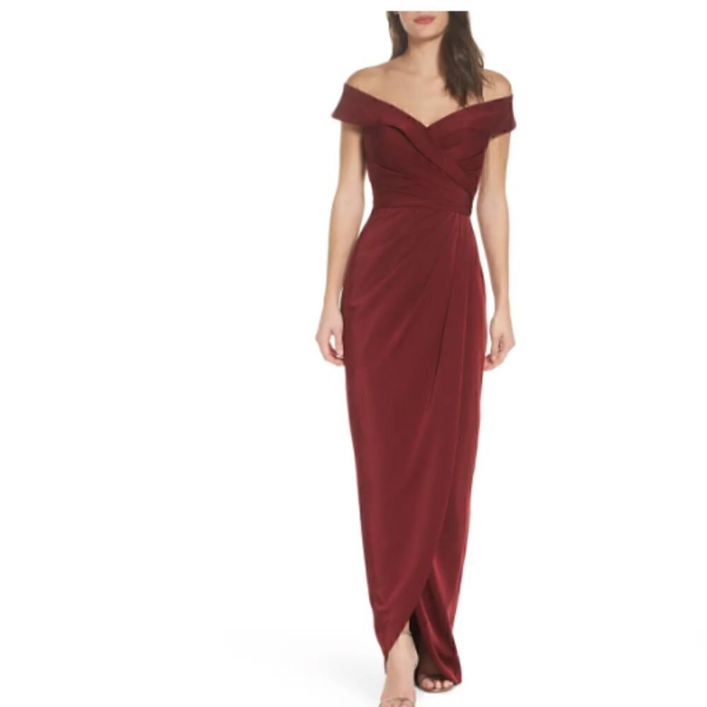 La Femme Surplice Off The Shoulder Column Gown